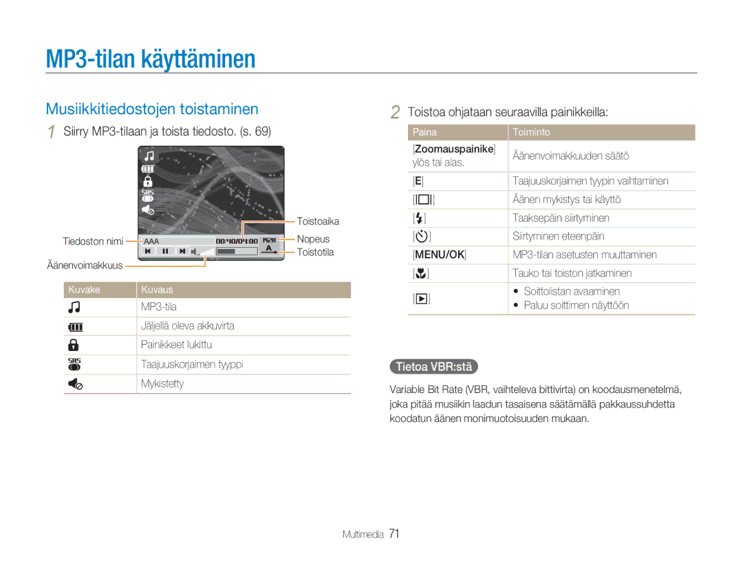 Samsung EC-NV9ZZBBA/E1 MP3-tilan käyttäminen, Musiikkitiedostojen toistaminen, Siirry MP3-tilaan ja toista tiedosto. s 