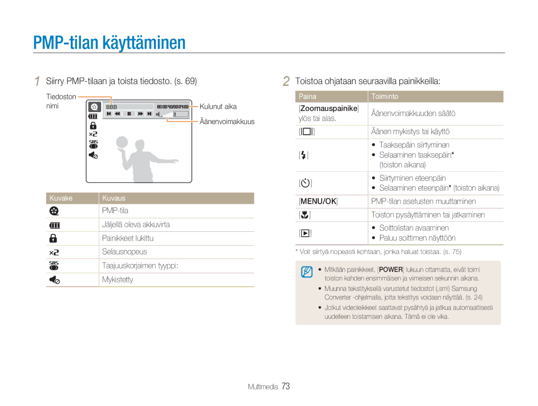 Samsung EC-NV9ZZSBA/E2 PMP-tilan käyttäminen, Siirry PMP-tilaan ja toista tiedosto. s, PMP-tilan asetusten muuttaminen 