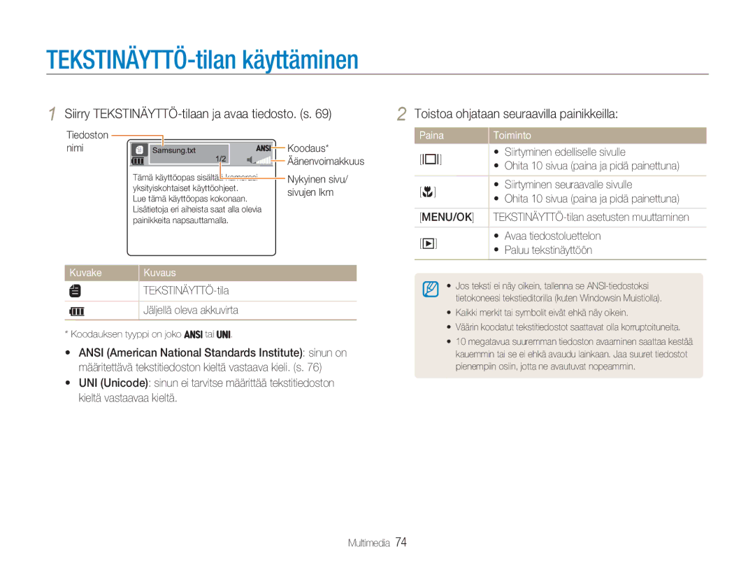 Samsung EC-NV9ZZPBA/E2 manual TEKSTINÄYTTÖ-tilan käyttäminen, Siirry TEKSTINÄYTTÖ-tilaan ja avaa tiedosto. s, Sivujen lkm 