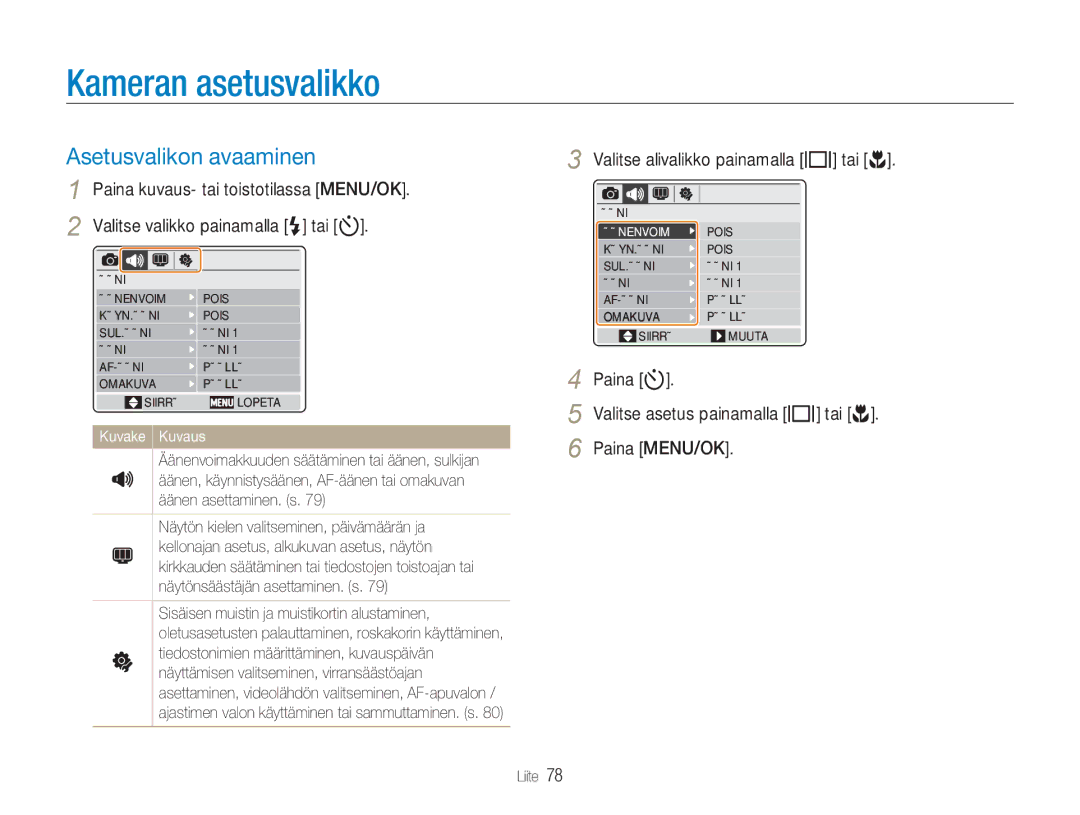 Samsung EC-NV9ZZPBA/E2 manual Kameran asetusvalikko, Asetusvalikon avaaminen, Valitse alivalikko painamalla w tai r, Liite 