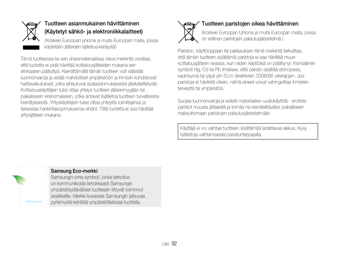 Samsung EC-NV9ZZBBA/E2, EC-NV9ZZBBA/E1, EC-NV9ZZSBA/E2, EC-NV9ZZPBA/E2 manual Tuotteen paristojen oikea hävittäminen 