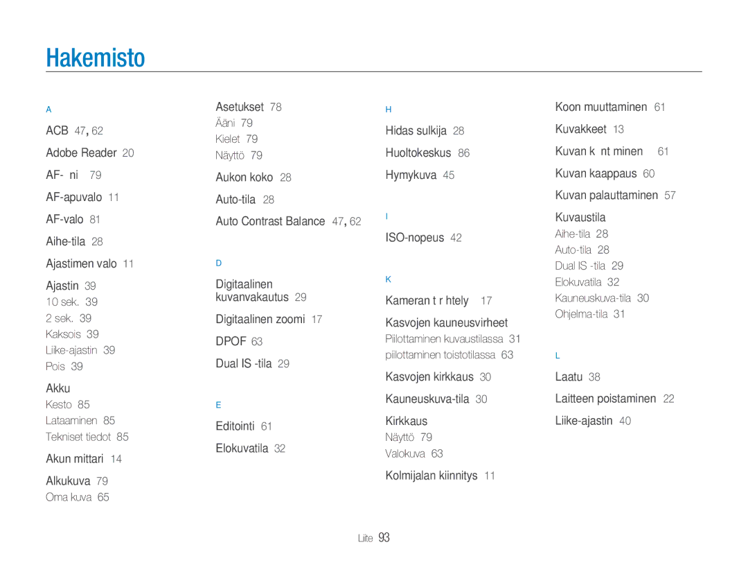 Samsung EC-NV9ZZSBA/E2 manual Hakemisto, sek Sek Kaksois 39 Liike-ajastin 39 Pois, Oma kuva, Ääni 79 Kielet 79 Näyttö 