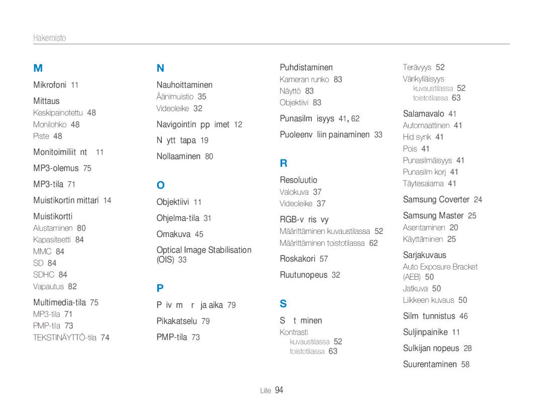 Samsung EC-NV9ZZPBA/E2, EC-NV9ZZBBA/E1, EC-NV9ZZBBA/E2, EC-NV9ZZSBA/E2 manual Hakemisto, Sdhc 