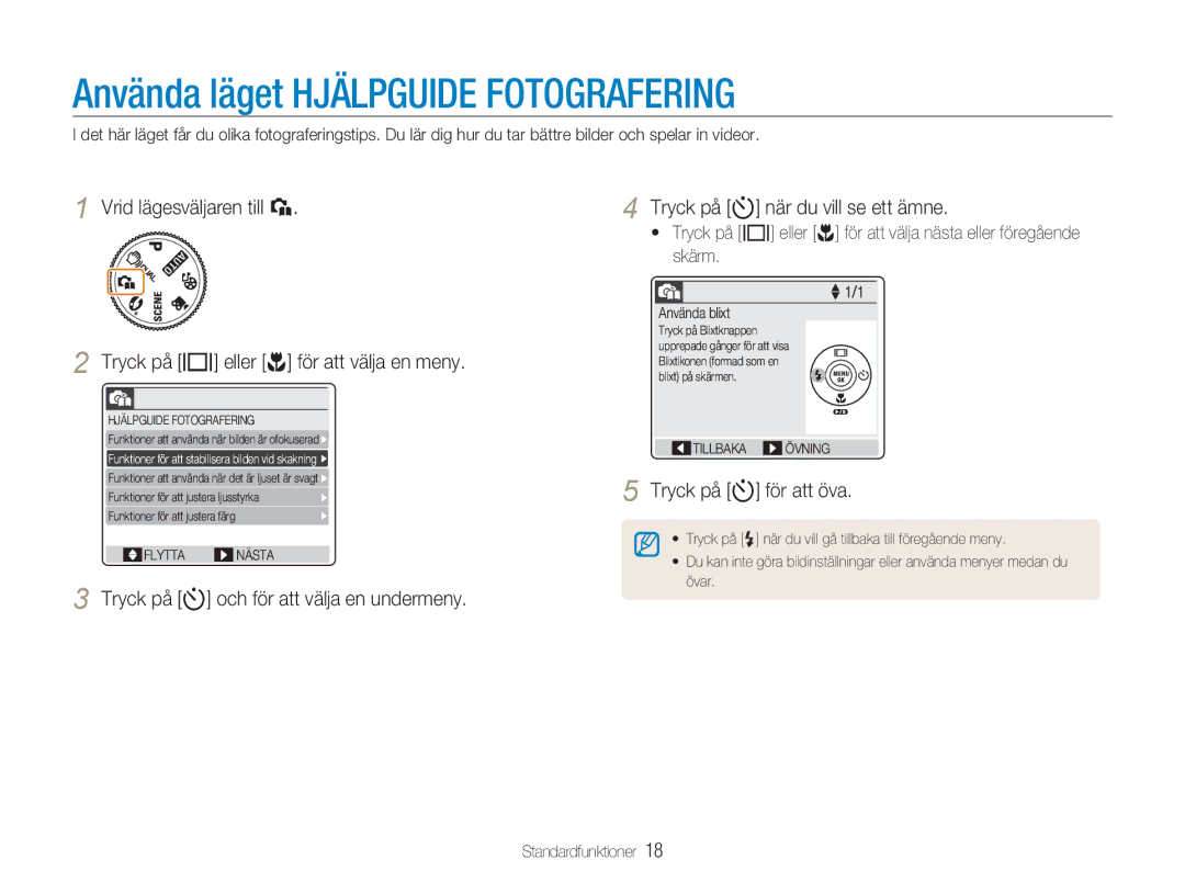 Samsung EC-NV9ZZPBA/E2, EC-NV9ZZBBA/E1, EC-NV9ZZBBA/E2 manual Använda läget Hjälpguide Fotografering, Tryck på t för att öva 