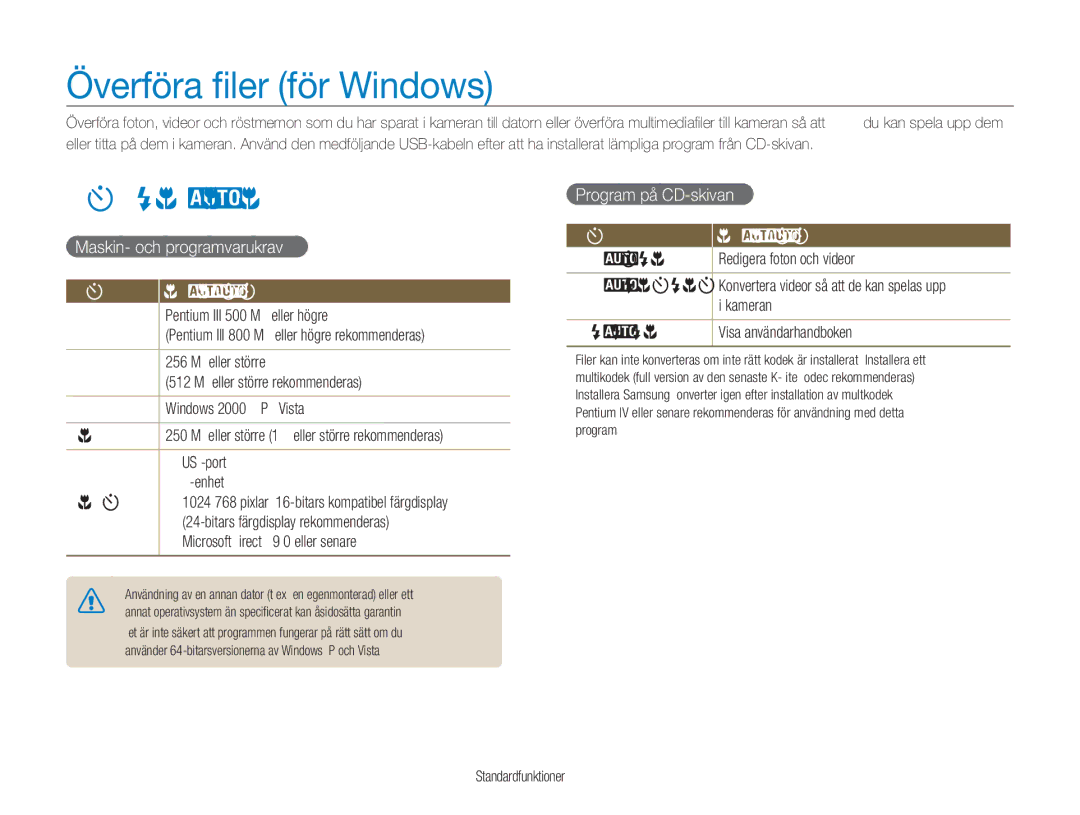 Samsung EC-NV9ZZBBA/E2 Överföra ﬁler för Windows, Installera program, Maskin- och programvarukrav, Program på CD-skivan 