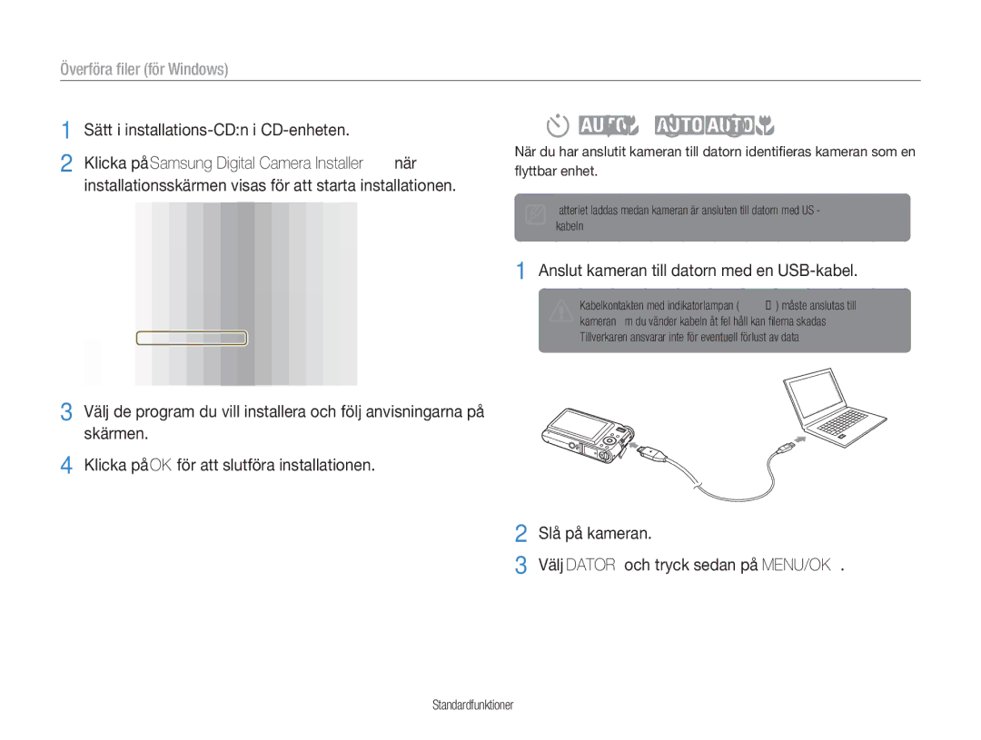 Samsung EC-NV9ZZSBA/E2 Ansluta kameran till datorn, Överföra ﬁler för Windows, Anslut kameran till datorn med en USB-kabel 