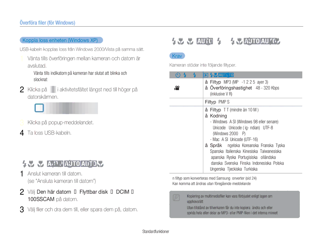 Samsung EC-NV9ZZPBA/E2 Överföra multimediaﬁler till kameran, Överföra ﬁler till datorn, Koppla loss enheten Windows XP 