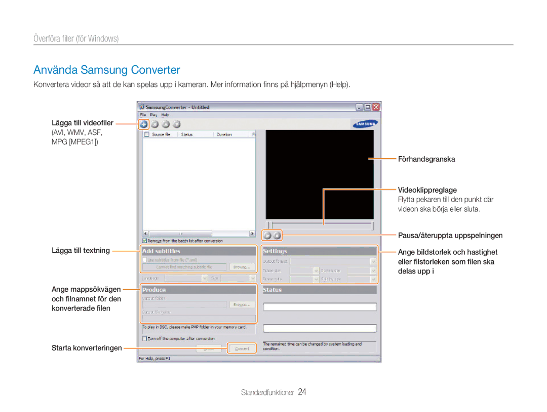 Samsung EC-NV9ZZBBA/E2, EC-NV9ZZBBA/E1 manual Använda Samsung Converter, MPG MPEG1, Förhandsgranska Videoklippreglage 