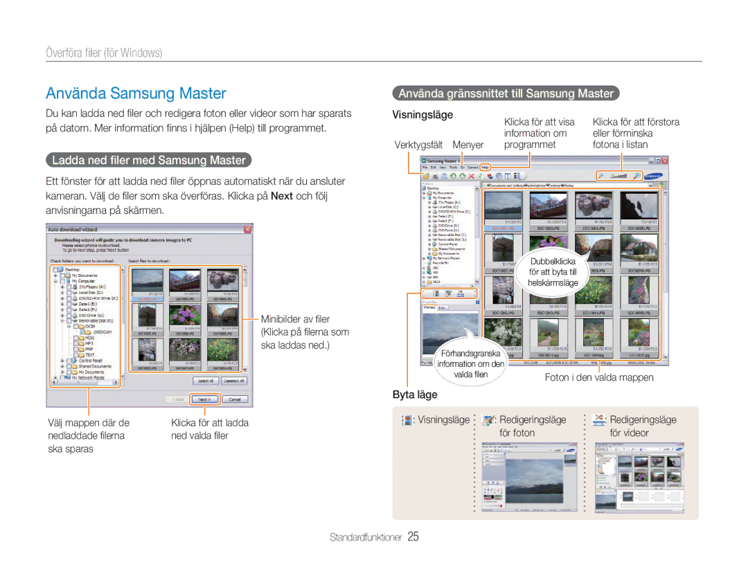 Samsung EC-NV9ZZSBA/E2 Använda Samsung Master, Ladda ned ﬁler med Samsung Master, Använda gränssnittet till Samsung Master 