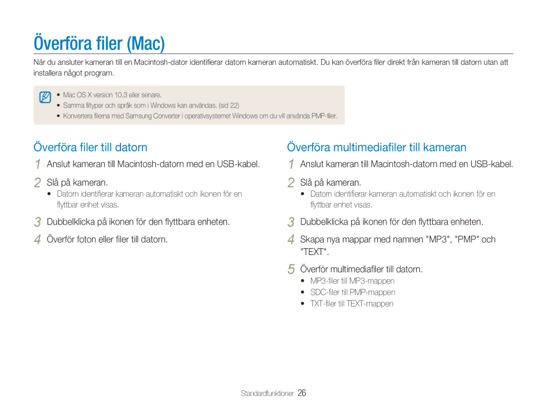 Samsung EC-NV9ZZPBA/E2, EC-NV9ZZBBA/E1, EC-NV9ZZBBA/E2, EC-NV9ZZSBA/E2 manual Överföra ﬁler Mac, Överföra ﬁler till datorn 