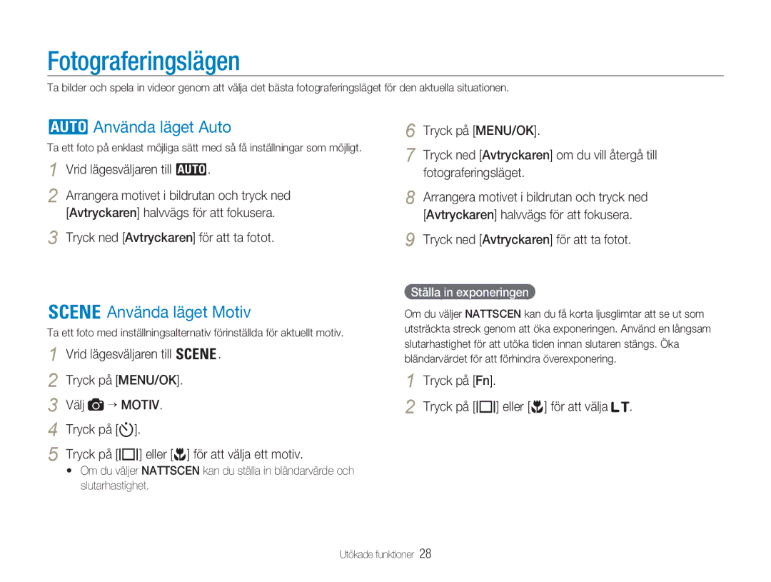 Samsung EC-NV9ZZBBA/E2, EC-NV9ZZBBA/E1, EC-NV9ZZSBA/E2 manual Fotograferingslägen, Använda läget Auto, Använda läget Motiv 