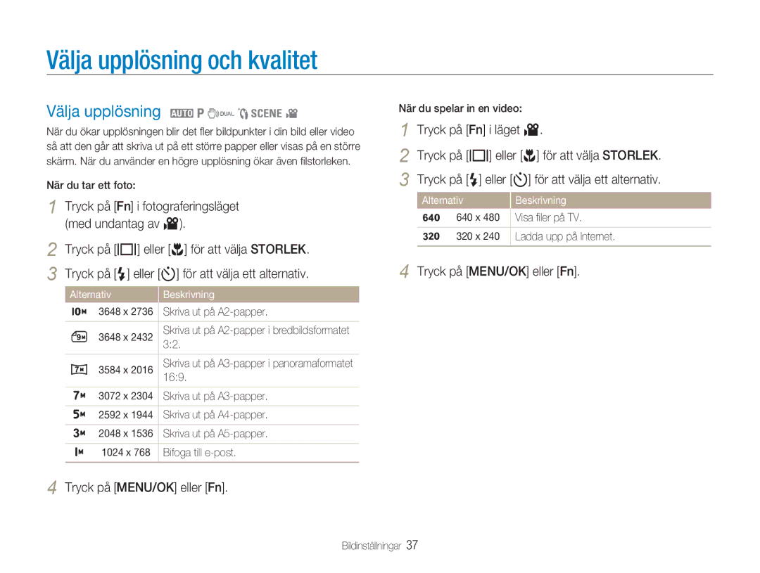 Samsung EC-NV9ZZSBA/E2, EC-NV9ZZBBA/E1, EC-NV9ZZBBA/E2 manual Välja upplösning och kvalitet, Välja upplösning 2 1 7 5 4 