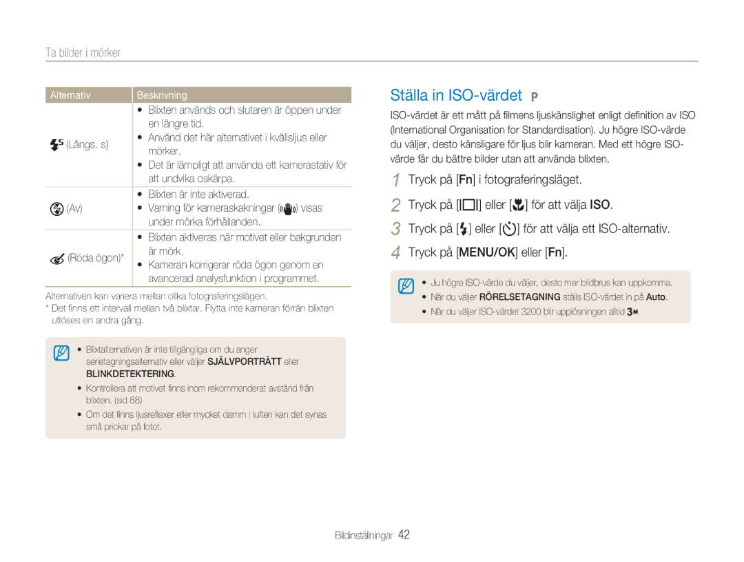 Samsung EC-NV9ZZPBA/E2, EC-NV9ZZBBA/E1, EC-NV9ZZBBA/E2, EC-NV9ZZSBA/E2 manual Ställa in ISO-värdet, Ta bilder i mörker 