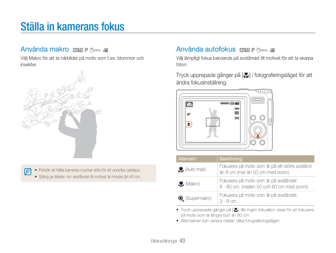 Samsung EC-NV9ZZBBA/E1 manual Ställa in kamerans fokus, Använda makro 2 1 7 Använda autofokus 2 1 7, Ändra fokusinställning 