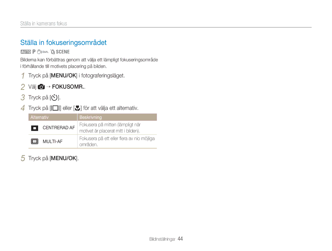 Samsung EC-NV9ZZBBA/E2 manual Ställa in fokuseringsområdet, Ställa in kamerans fokus, AlternativBeskrivning, Multi-Af 