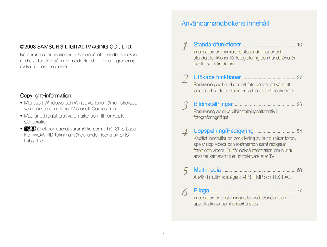 Samsung EC-NV9ZZBBA/E2, EC-NV9ZZBBA/E1, EC-NV9ZZSBA/E2, EC-NV9ZZPBA/E2 manual Användarhandbokens innehåll 