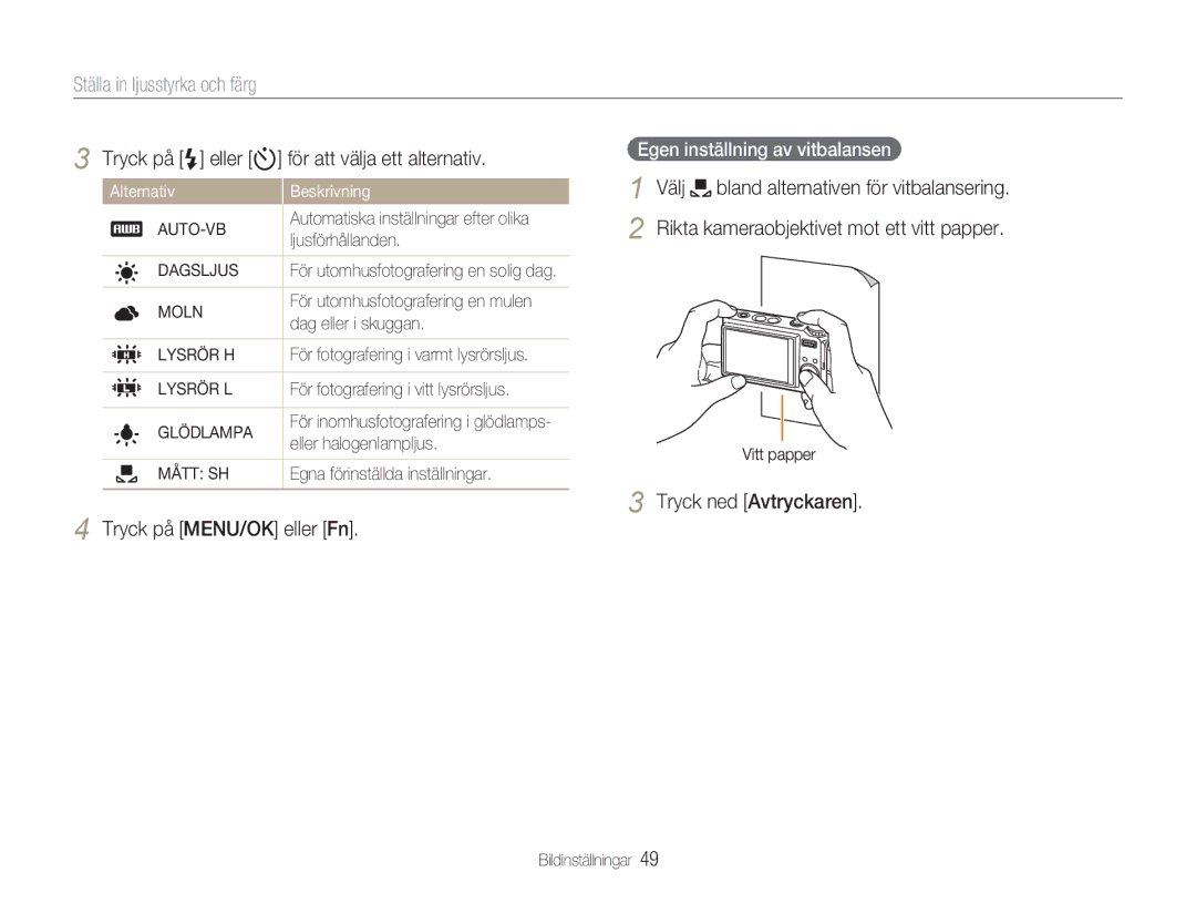 Samsung EC-NV9ZZSBA/E2, EC-NV9ZZBBA/E1, EC-NV9ZZBBA/E2 manual Tryck ned Avtryckaren, Egen inställning av vitbalansen 