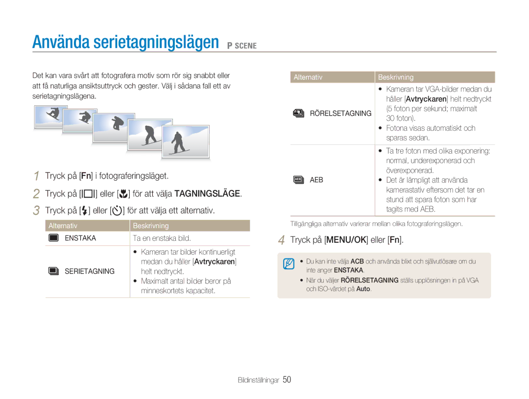 Samsung EC-NV9ZZPBA/E2, EC-NV9ZZBBA/E1, EC-NV9ZZBBA/E2, EC-NV9ZZSBA/E2 Använda serietagningslägen 1, Enstaka, Serietagning 