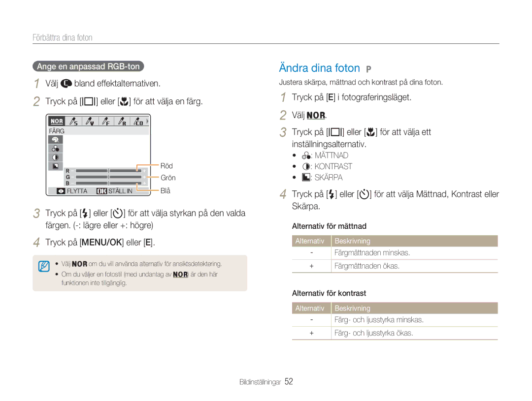 Samsung EC-NV9ZZBBA/E2 manual Ändra dina foton, Förbättra dina foton, Välj Bland effektalternativen, Inställningsalternativ 