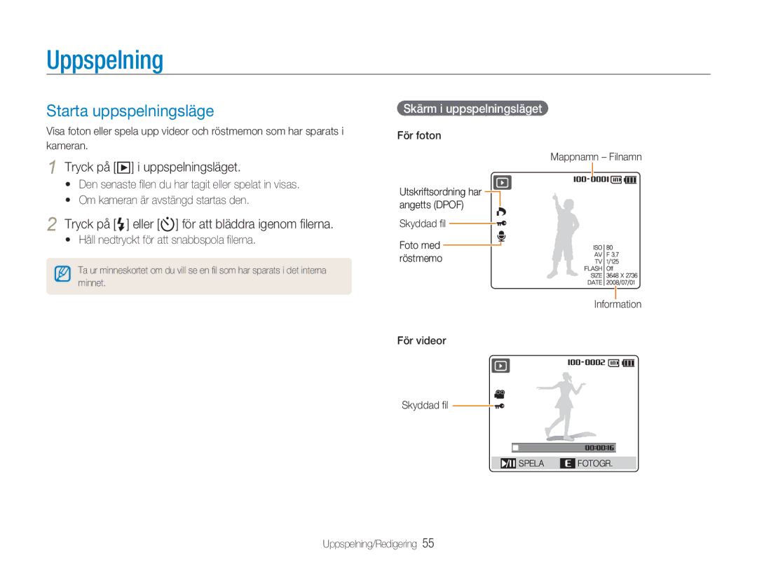 Samsung EC-NV9ZZBBA/E1 Uppspelning, Starta uppspelningsläge, Tryck på y i uppspelningsläget, Skärm i uppspelningsläget 