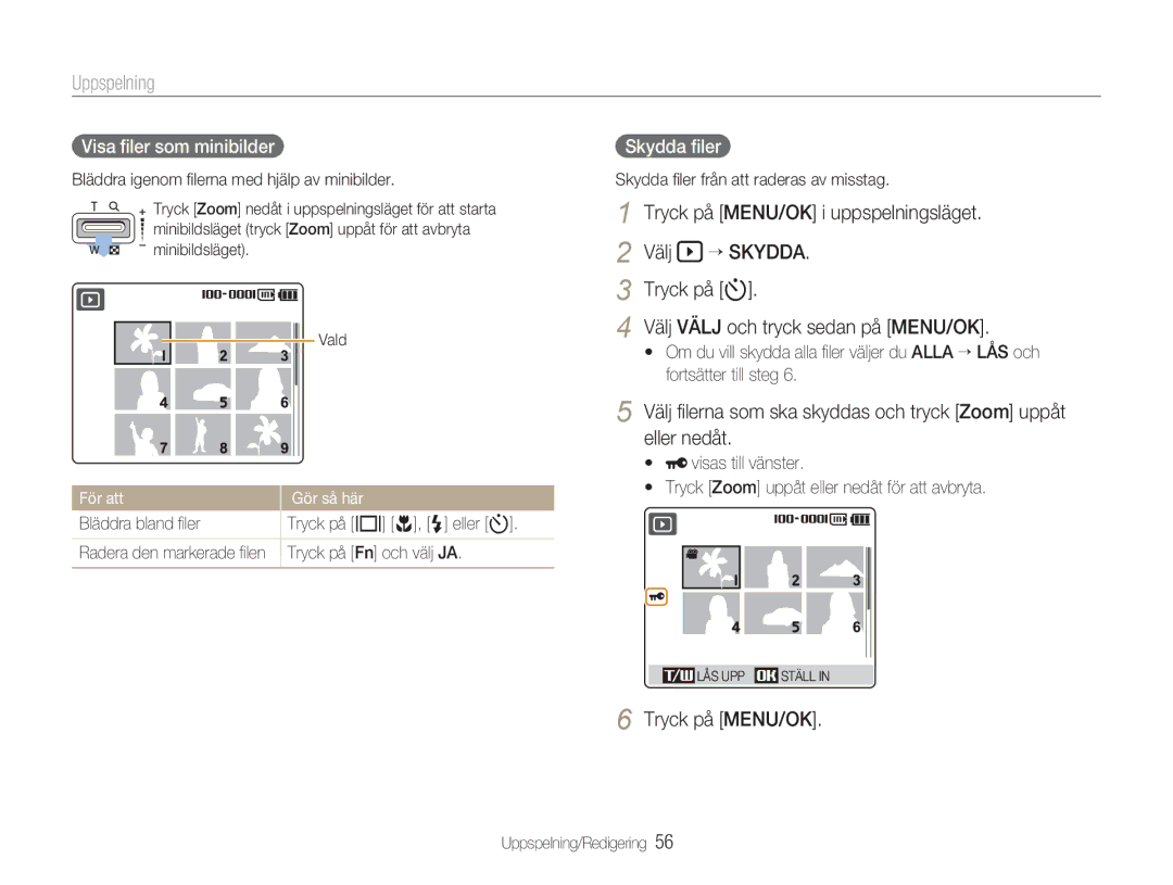 Samsung EC-NV9ZZBBA/E2, EC-NV9ZZBBA/E1 manual Uppspelning, Visa ﬁler som minibilder, Skydda ﬁler, För att Gör så här 