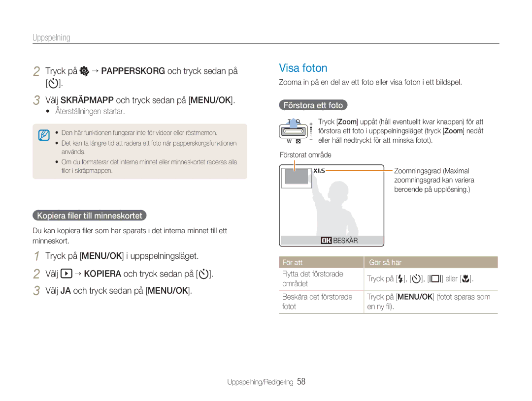 Samsung EC-NV9ZZPBA/E2 manual Visa foton, Tryck på MENU/OK i uppspelningsläget, Välj “ Kopiera och tryck sedan på t 