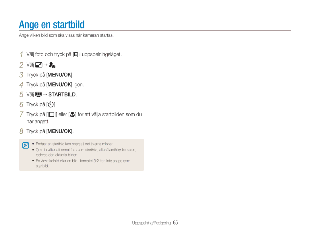 Samsung EC-NV9ZZSBA/E2, EC-NV9ZZBBA/E1 manual Ange en startbild, Välj foto och tryck på E i uppspelningsläget, Har angett 