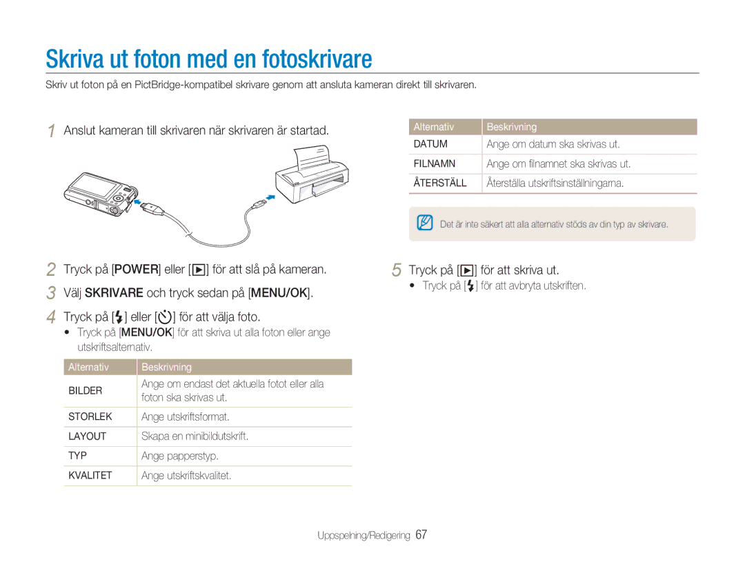 Samsung EC-NV9ZZBBA/E1 manual Skriva ut foton med en fotoskrivare, Anslut kameran till skrivaren när skrivaren är startad 