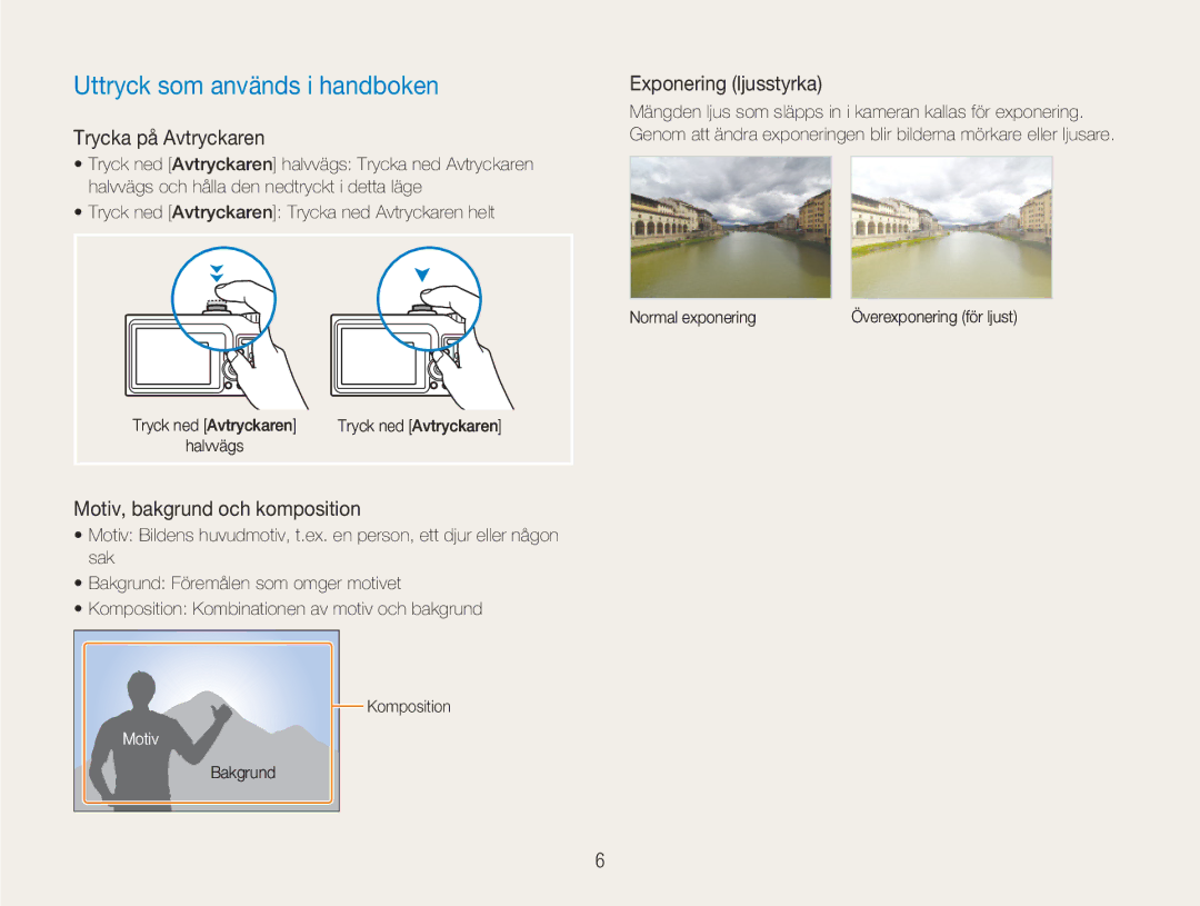 Samsung EC-NV9ZZPBA/E2 manual Uttryck som används i handboken, Trycka på Avtryckaren, Motiv, bakgrund och komposition 