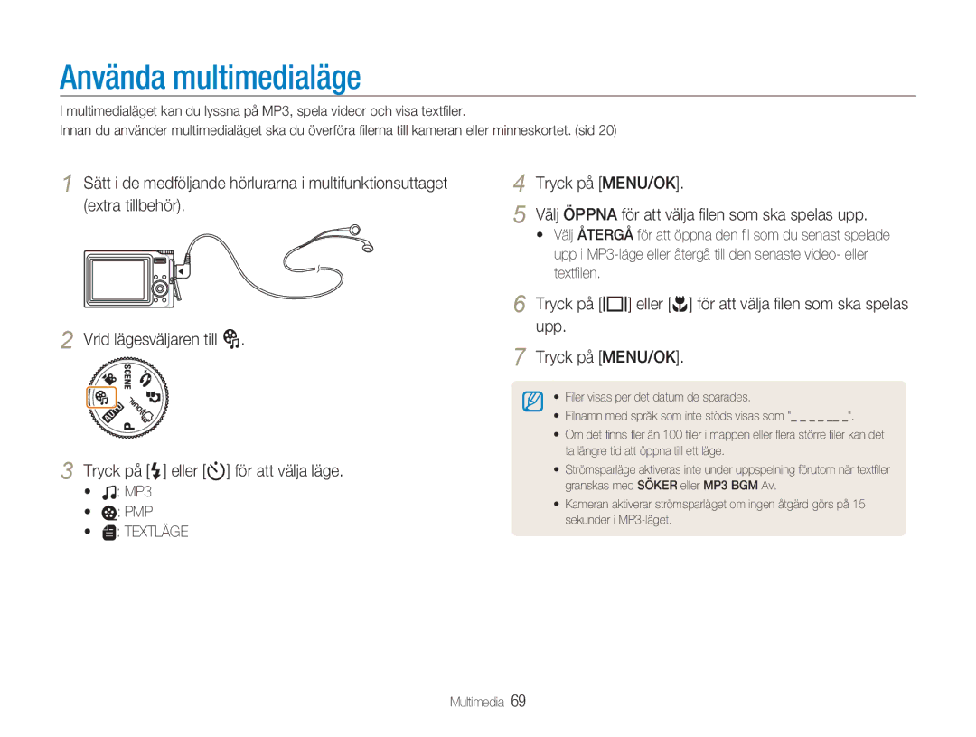 Samsung EC-NV9ZZSBA/E2, EC-NV9ZZBBA/E1, EC-NV9ZZBBA/E2, EC-NV9ZZPBA/E2 manual Använda multimedialäge, Multimedia 