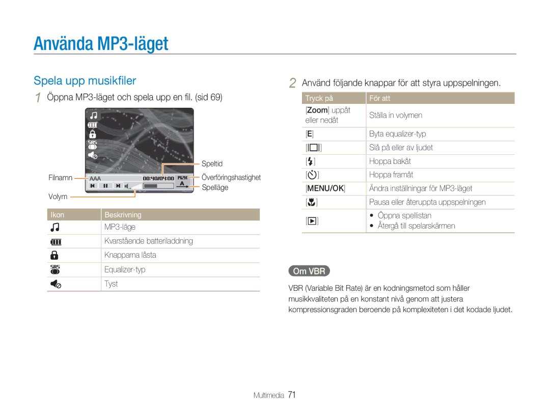 Samsung EC-NV9ZZBBA/E1 manual Använda MP3-läget, Spela upp musikﬁler, Öppna MP3-läget och spela upp en ﬁl. sid, Om VBR 