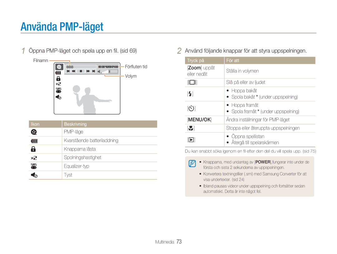 Samsung EC-NV9ZZSBA/E2 Använda PMP-läget, Öppna PMP-läget och spela upp en ﬁl. sid, Ändra inställningar för PMP-läget 