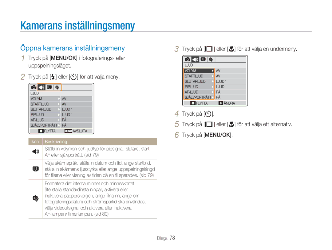 Samsung EC-NV9ZZPBA/E2, EC-NV9ZZBBA/E1, EC-NV9ZZBBA/E2 Kamerans inställningsmeny, Öppna kamerans inställningsmeny, Bilaga 