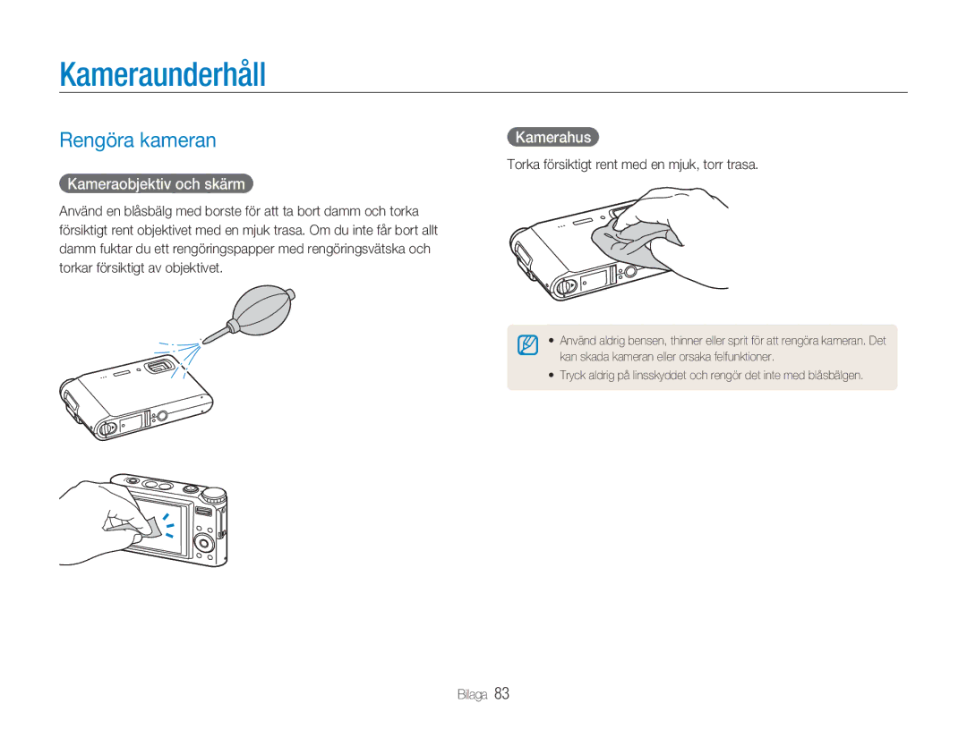 Samsung EC-NV9ZZBBA/E1, EC-NV9ZZBBA/E2 manual Kameraunderhåll, Rengöra kameran, Kameraobjektiv och skärm, Kamerahus 