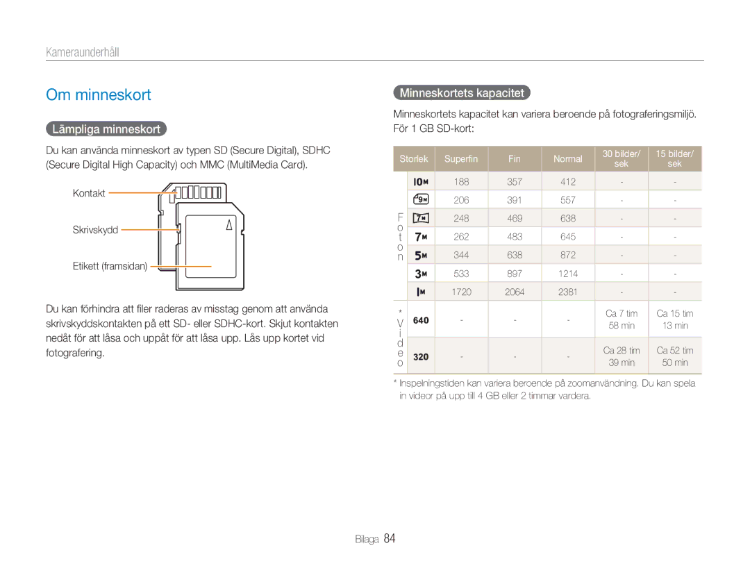 Samsung EC-NV9ZZBBA/E2, EC-NV9ZZBBA/E1 manual Om minneskort, Kameraunderhåll, Lämpliga minneskort, Minneskortets kapacitet 