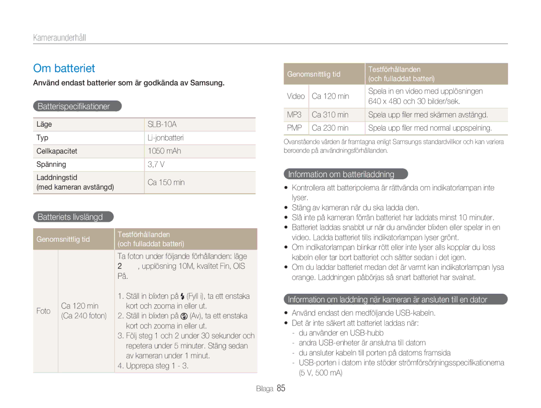 Samsung EC-NV9ZZSBA/E2 Om batteriet, Batterispeciﬁkationer, Information om batteriladdning, Batteriets livslängd, SLB-10A 