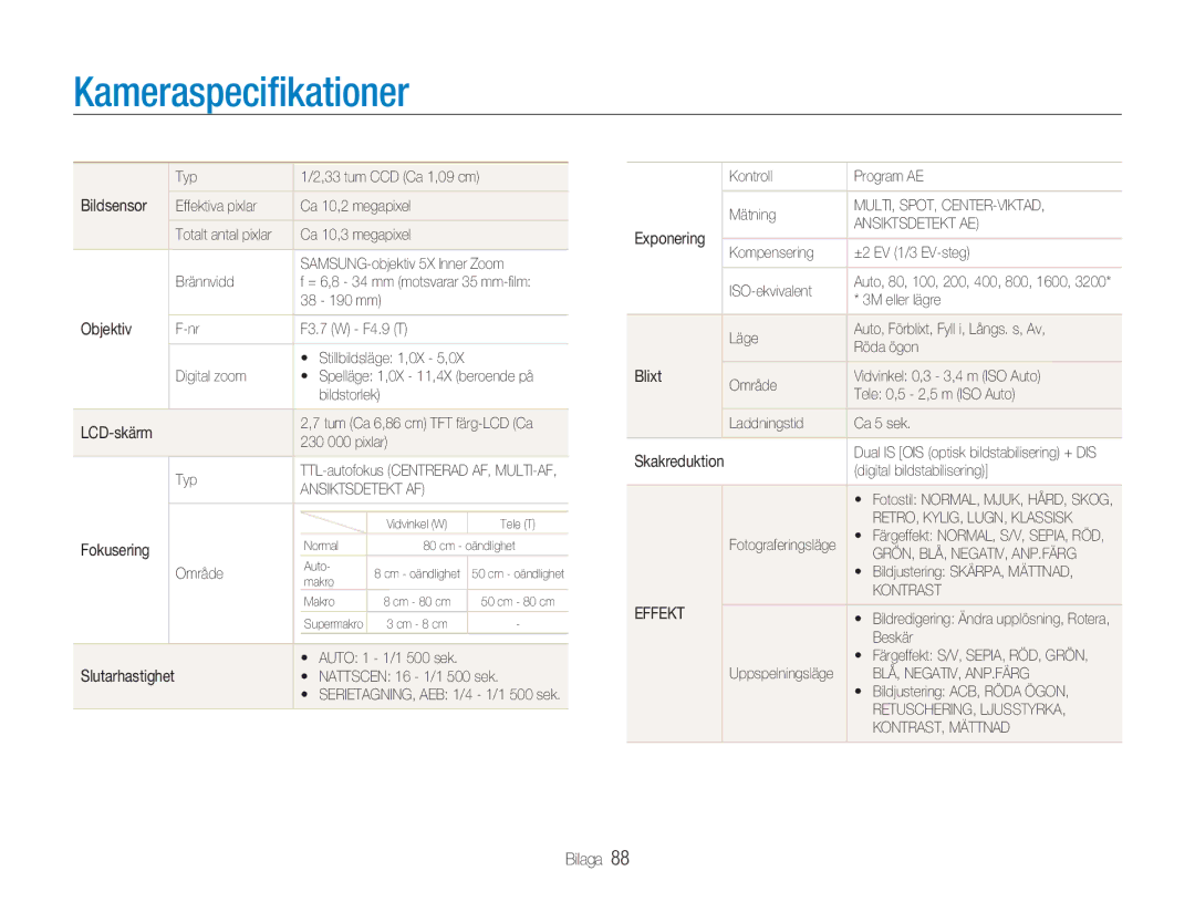 Samsung EC-NV9ZZBBA/E2, EC-NV9ZZBBA/E1, EC-NV9ZZSBA/E2, EC-NV9ZZPBA/E2 manual Kameraspeciﬁkationer, Bildsensor, Fokusering 