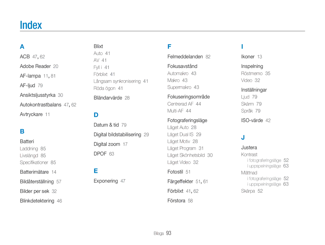 Samsung EC-NV9ZZSBA/E2, EC-NV9ZZBBA/E1, EC-NV9ZZBBA/E2, EC-NV9ZZPBA/E2 manual Index 