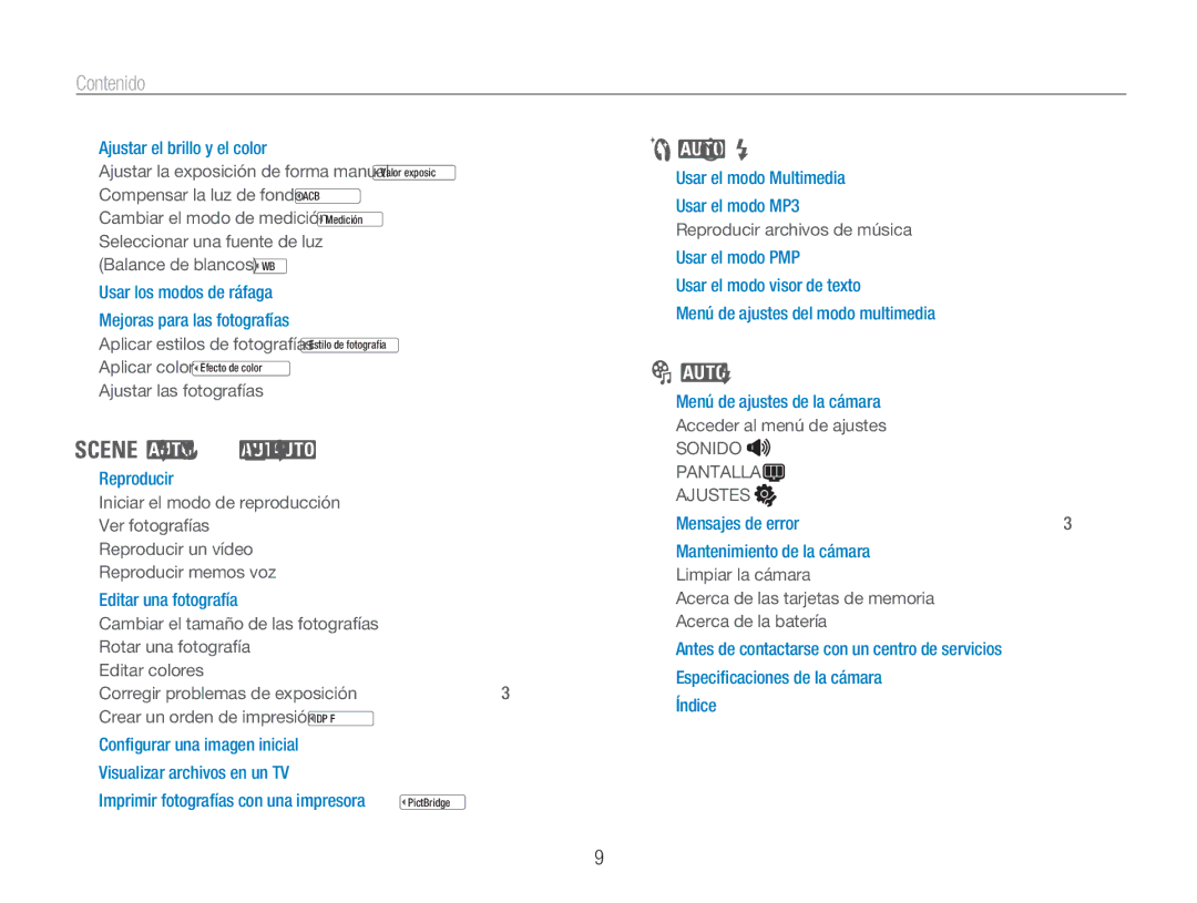 Samsung EC-NV9ZZSBA/E1, EC-NV9ZZPBA/FR, EC-NV9ZZBBA/E1 manual Contenido, Seleccionar una fuente de luz 