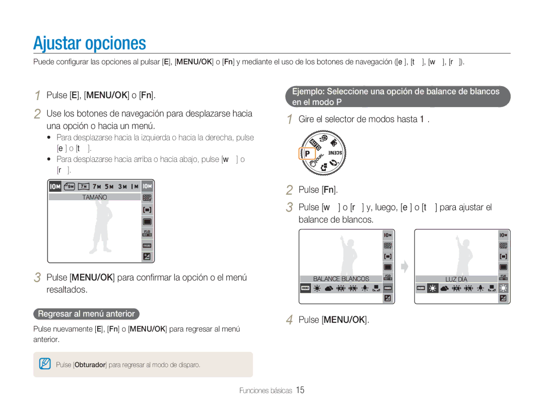 Samsung EC-NV9ZZSBA/E1, EC-NV9ZZPBA/FR manual Ajustar opciones, Pulse MENU/OK para conﬁrmar la opción o el menú resaltados 