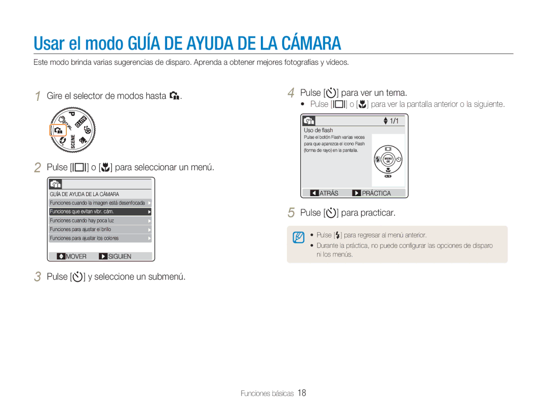 Samsung EC-NV9ZZSBA/E1 Usar el modo Guía DE Ayuda DE LA Cámara, Pulse t y seleccione un submenú Pulse t para ver un tema 