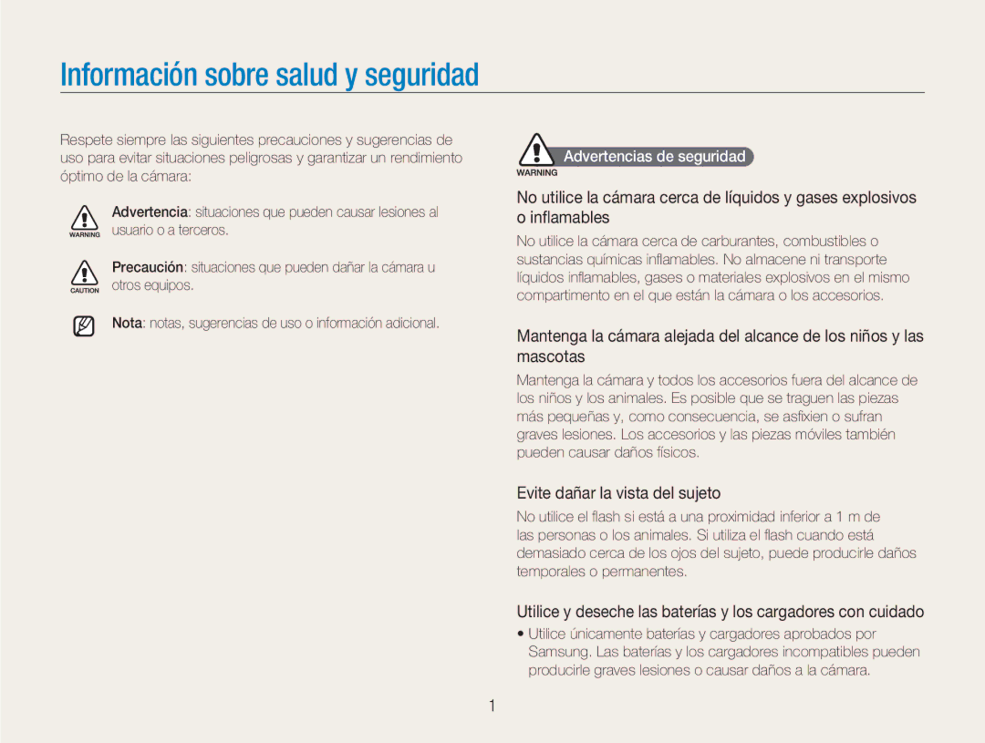 Samsung EC-NV9ZZBBA/E1 manual Evite dañar la vista del sujeto, Utilice y deseche las baterías y los cargadores con cuidado 