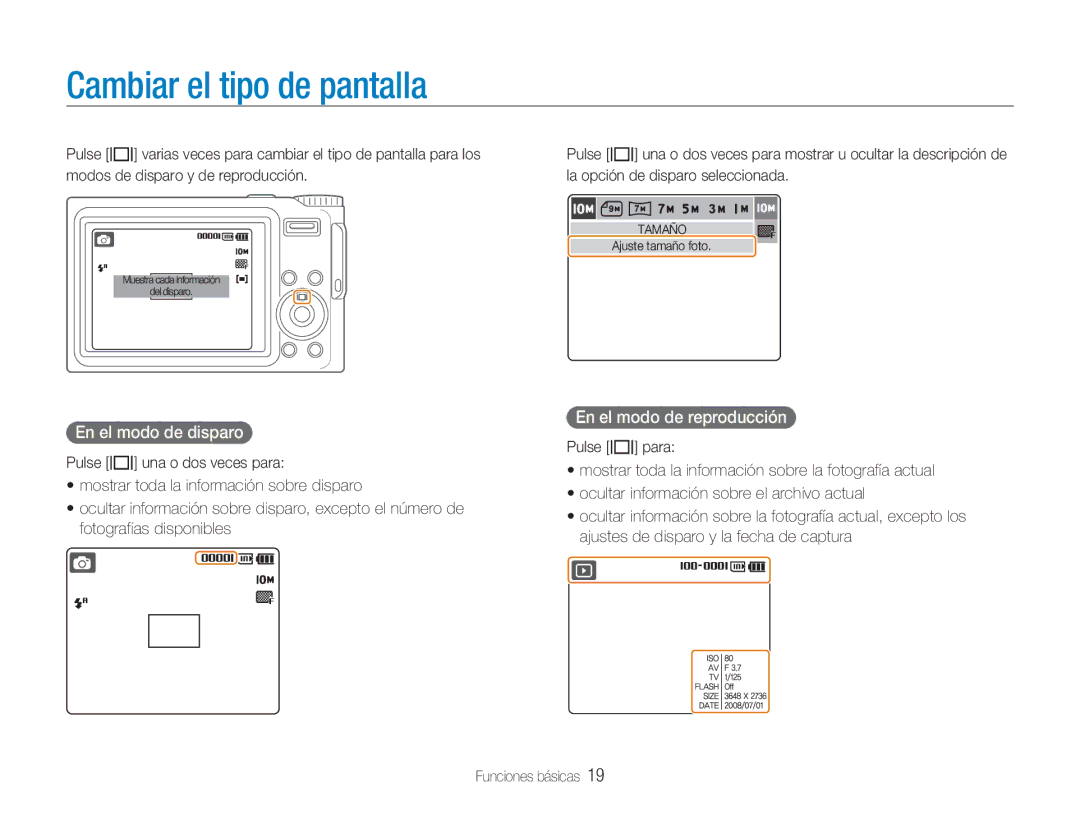 Samsung EC-NV9ZZBBA/E1, EC-NV9ZZPBA/FR, EC-NV9ZZSBA/E1 manual Cambiar el tipo de pantalla, En el modo de disparo 