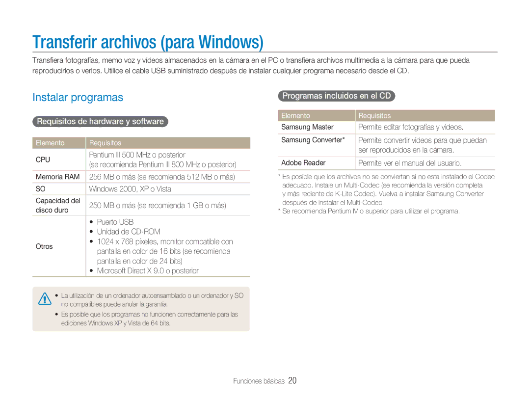 Samsung EC-NV9ZZPBA/FR manual Transferir archivos para Windows, Instalar programas, Requisitos de hardware y software, Cpu 