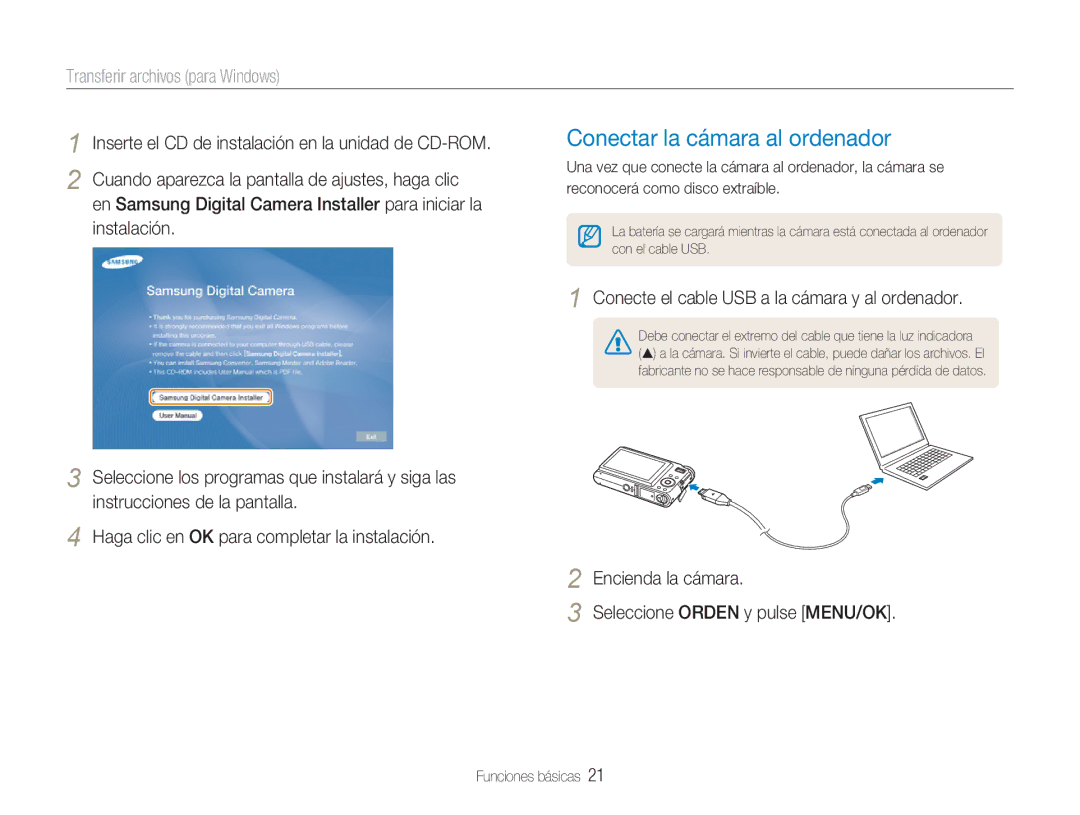 Samsung EC-NV9ZZSBA/E1, EC-NV9ZZPBA/FR, EC-NV9ZZBBA/E1 Conectar la cámara al ordenador, Transferir archivos para Windows 