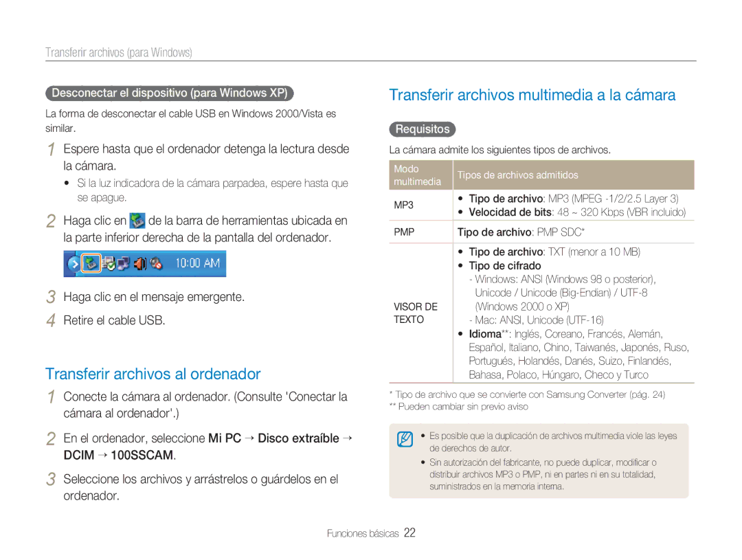 Samsung EC-NV9ZZBBA/E1 manual Transferir archivos al ordenador, Transferir archivos multimedia a la cámara, Requisitos 