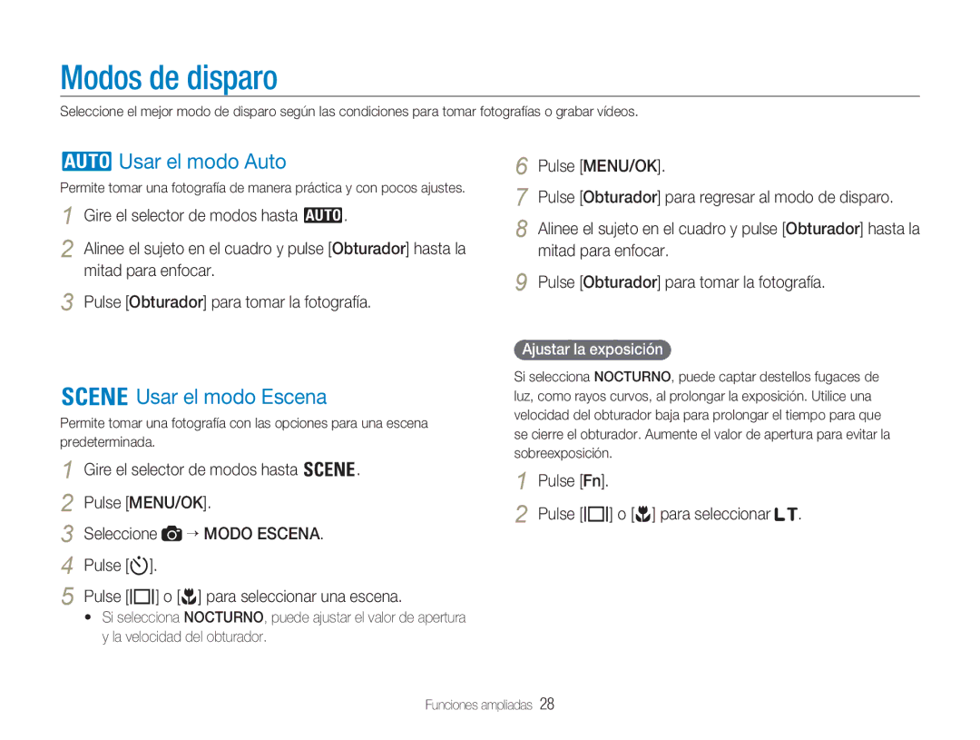 Samsung EC-NV9ZZBBA/E1 manual Modos de disparo, Usar el modo Auto, Usar el modo Escena, Gire el selector de modos hasta 