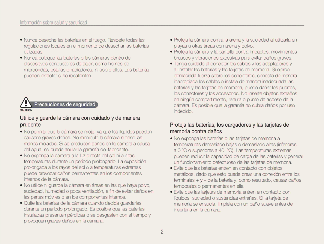 Samsung EC-NV9ZZPBA/FR Información sobre salud y seguridad, Utilice y guarde la cámara con cuidado y de manera prudente 