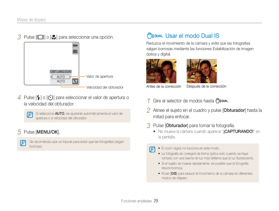 Samsung EC-NV9ZZPBA/FR, EC-NV9ZZSBA/E1 Usar el modo Dual is, Modos de disparo, Pulse w o r para seleccionar una opción 