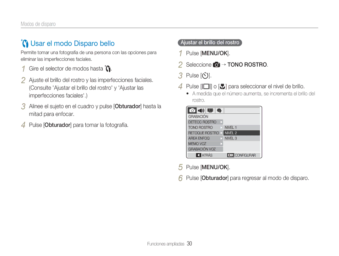 Samsung EC-NV9ZZSBA/E1, EC-NV9ZZPBA/FR, EC-NV9ZZBBA/E1 manual Usar el modo Disparo bello, Pulse MENU/OK 